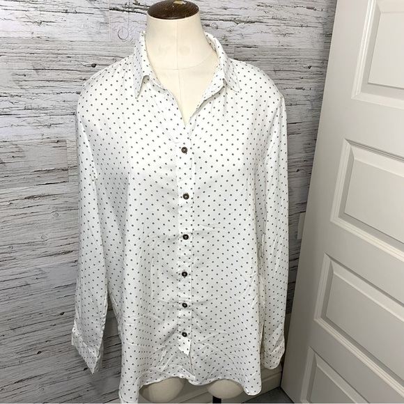 jane & Delancey White Flowy Blouse Button Down Brown Dots Relax Hi Low Tunic M - Picture 5 of 12